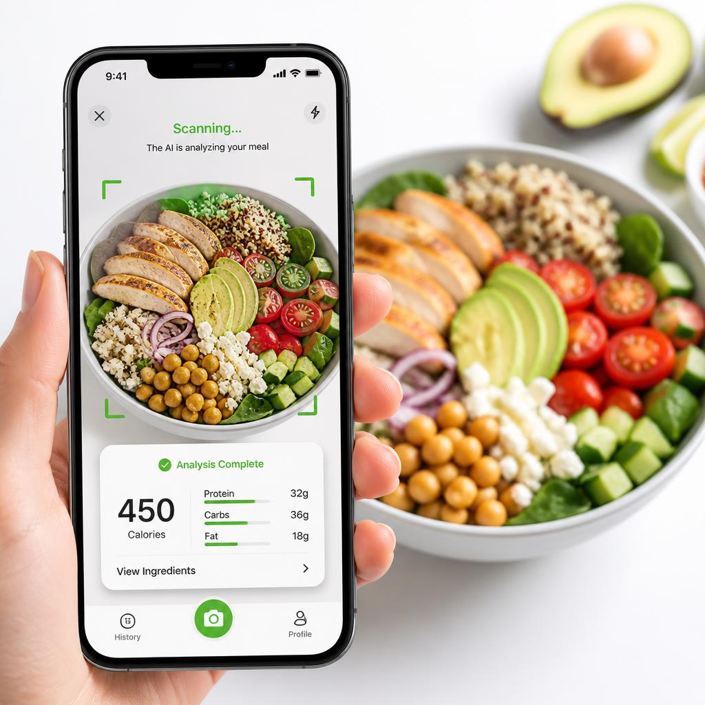 App NutriLens escaneando refeição saudável